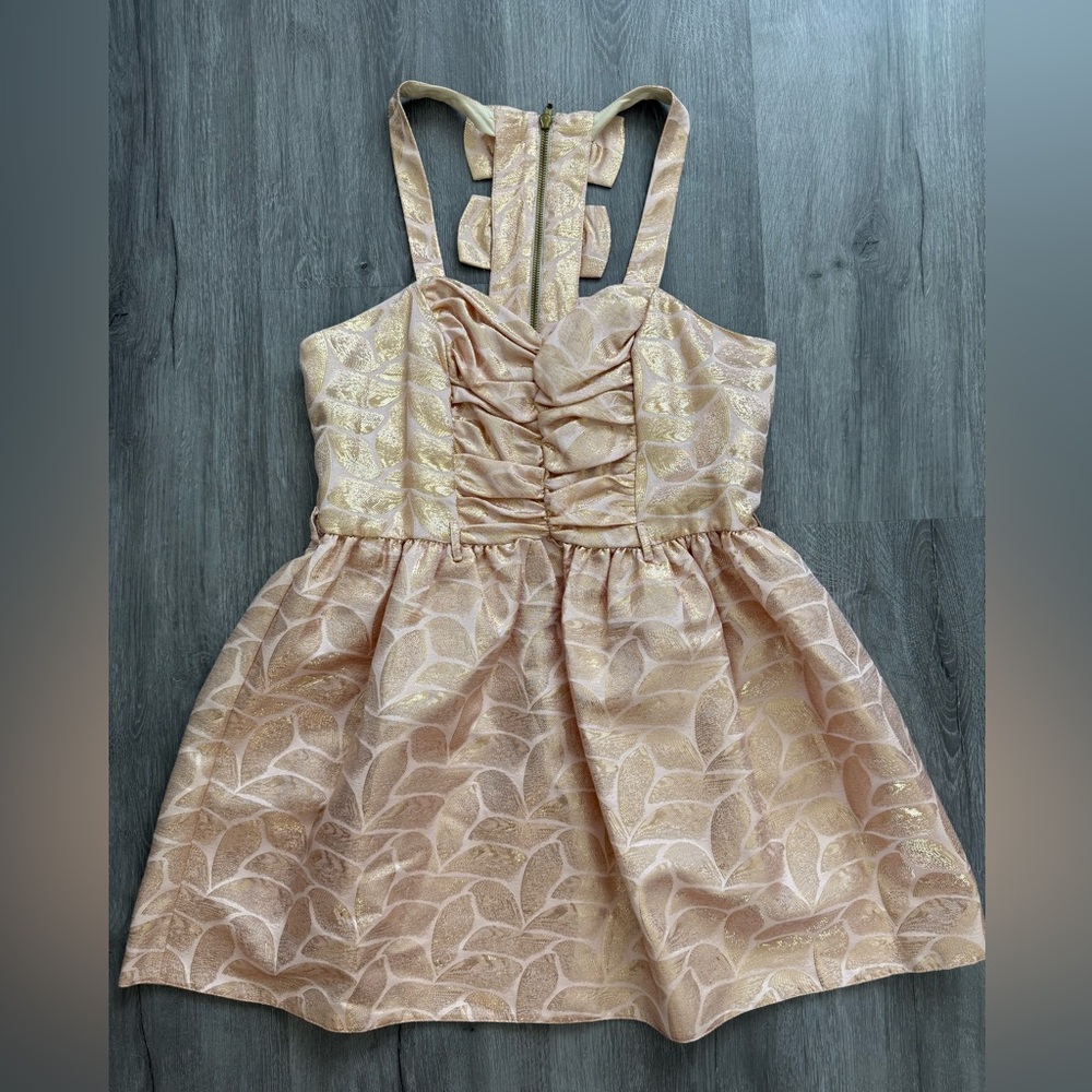 River Island Pink & Gold Jacquard Mini Dress – Size 14